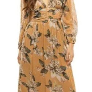 Elegant Floral Long Sleeve Dress in Tan and Green
